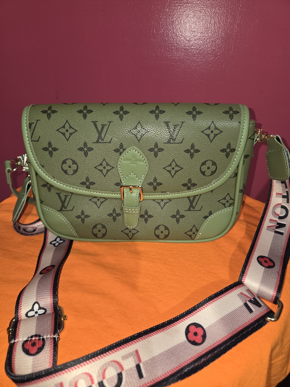 New Olive Green Monogram Crossbody Bag with Logo Strap